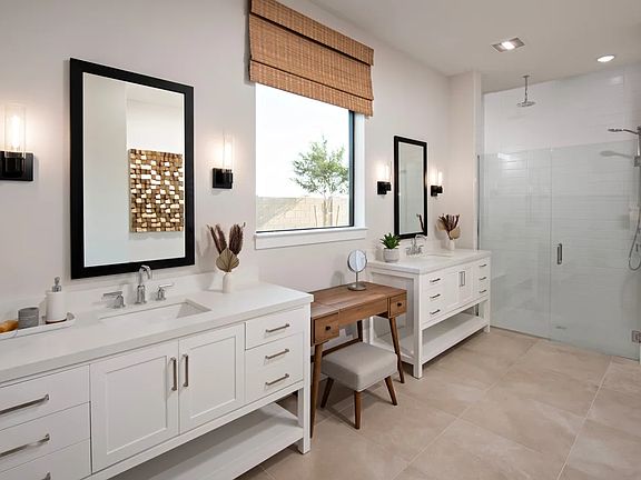 Primary bath with dual freestanding vanities