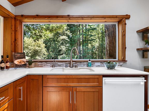 kitchen with beautiful picture window with view of the redwoods