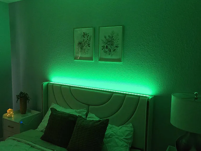 Featuring a built-in headboard with adjustable lighting that you can easily control, allowing you to choose your favorite color or create a fun ambiance with changing blinking colors to match your mood.