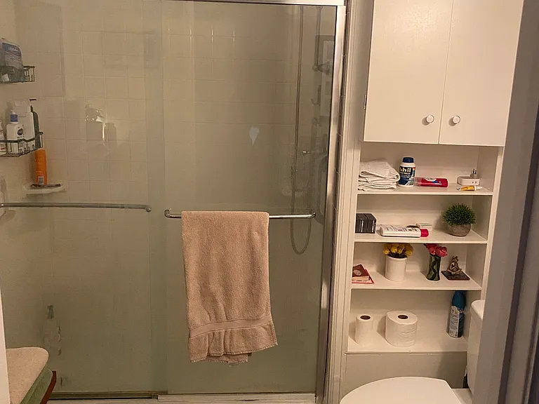 Master bathroom. Mirror and sink to the right and storage cabinet to the left.