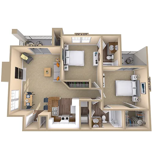 Floor plan 2BR 2BA (1061 SF)