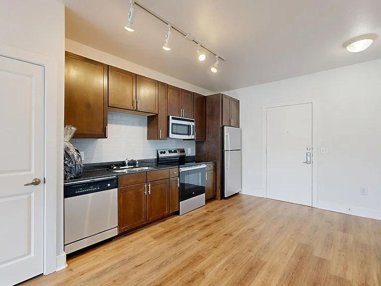 Apartment kitchen with stainless steel appliances, dark counters, and wood style floor.