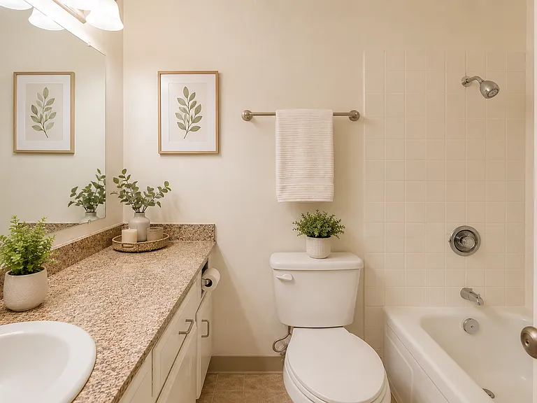 Bright bathroom featuring a large vanity, full tub/shower, and neutral finishes.