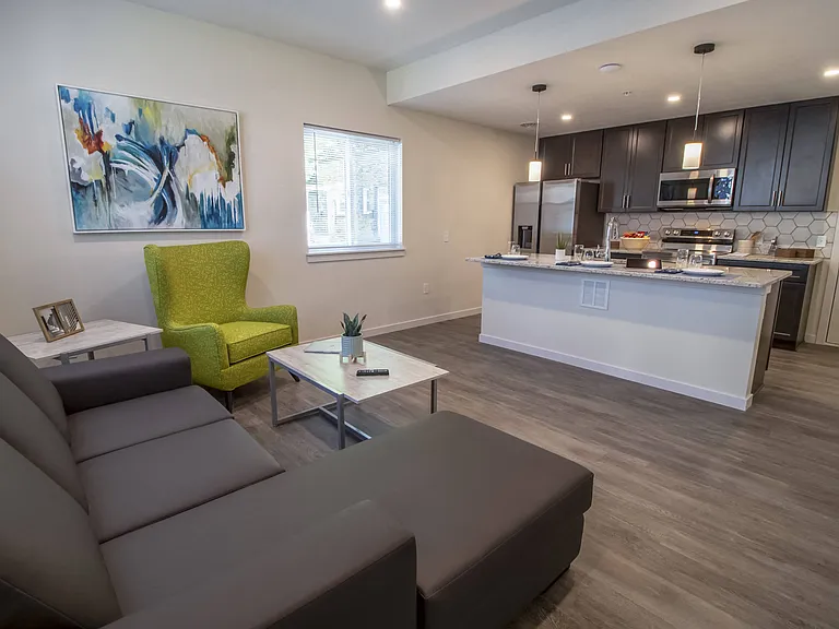 View of the shared living room, kitchen and dining island