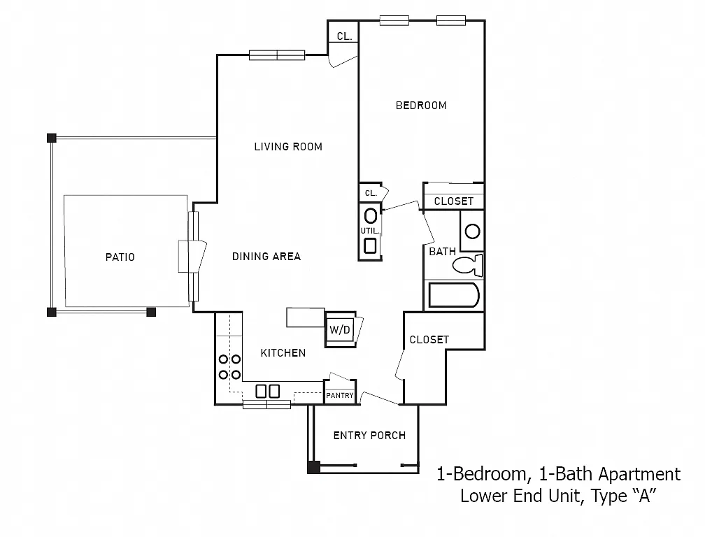 Floor plan 1-Bedroom, 1-Bath Apartment with Patio/Balcony