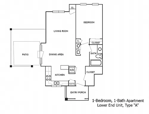 Floor plan 1-Bedroom, 1-Bath Apartment with Patio/Balcony