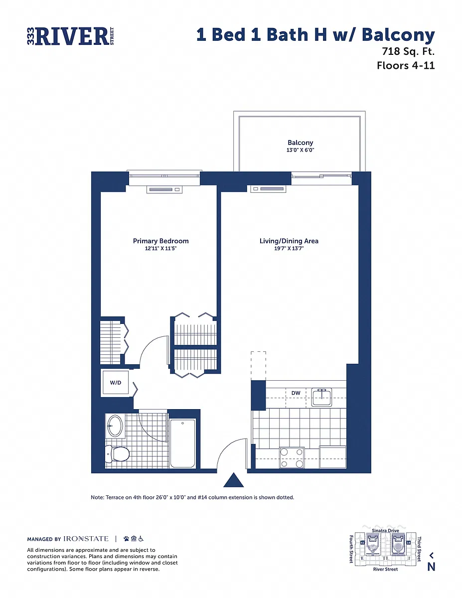 Floor plan 1 Bed 1 Bath H with Balcony