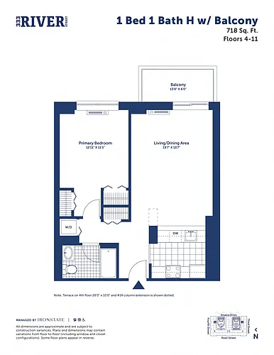 Floor plan 1 Bed 1 Bath H with Balcony