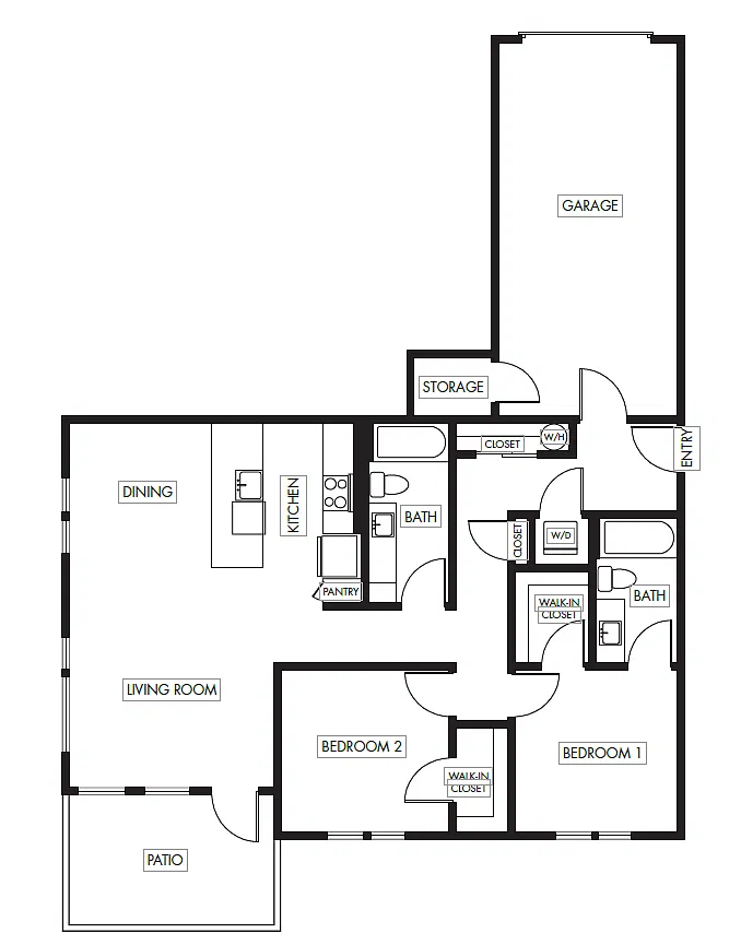 Floor plan 2 Bed 2 Bath Garden with Garage - 1104