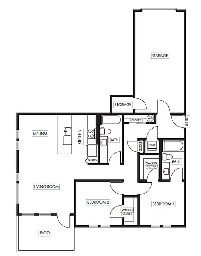 Floor plan 2 Bed 2 Bath Garden with Garage - 1104