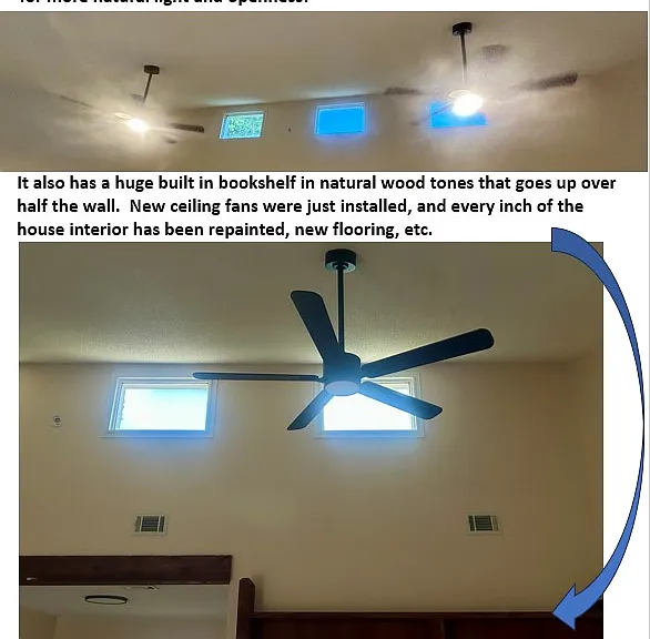 The half vaulted ceiling offers a wide open airy feel and the three skylight side windows brings in natural light while the new ceiling fans help bring comfort in breeze and regulate temperatures.