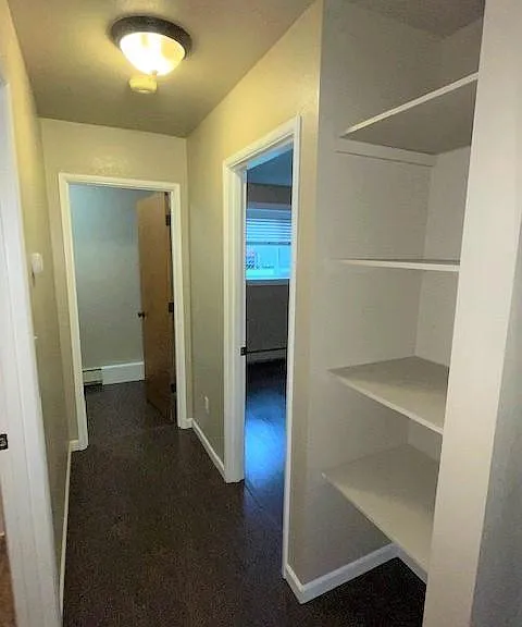 Hall storage, entry to bedroom, walk-in closet and bathroom