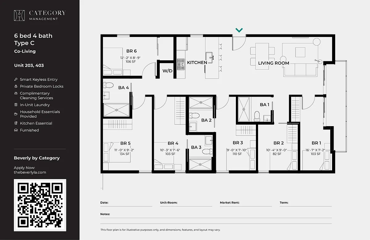 Floor plan Private Room in Shared 6 Bed 4 Bath (C)