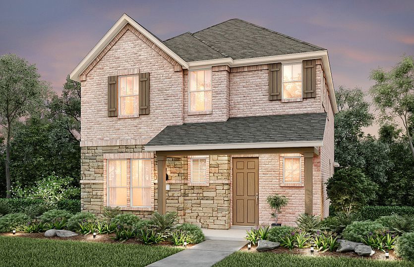 The Shadygrove, with covered front patio and 2-car rear-entry garage, shown as Exterior B