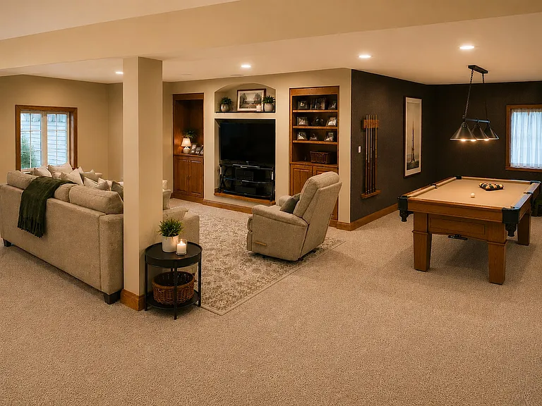 Basement entertainment area including pool table area