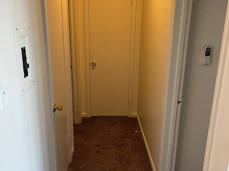 Hallway with 2 large closets, 3rd closet in the bedroom.