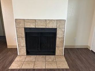 Wood-burning fireplace with designer tiles
