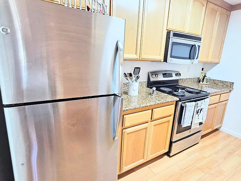 Vented microwave above the oven/range, no ice maker (but we provide some ice cube trays)