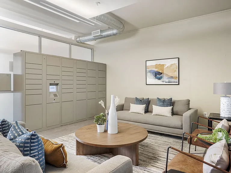 Our Apartment Building Interior Lobby and Parcel Lockers at Sleek Lofts Apartments in Denver, Colorado
