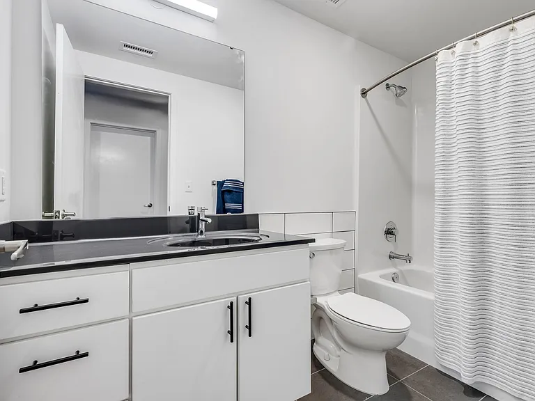 Monochrome Elegance: A sleek, white bathroom adorned with contemporary fixtures, a large mirror, and a contrasting dark countertop.