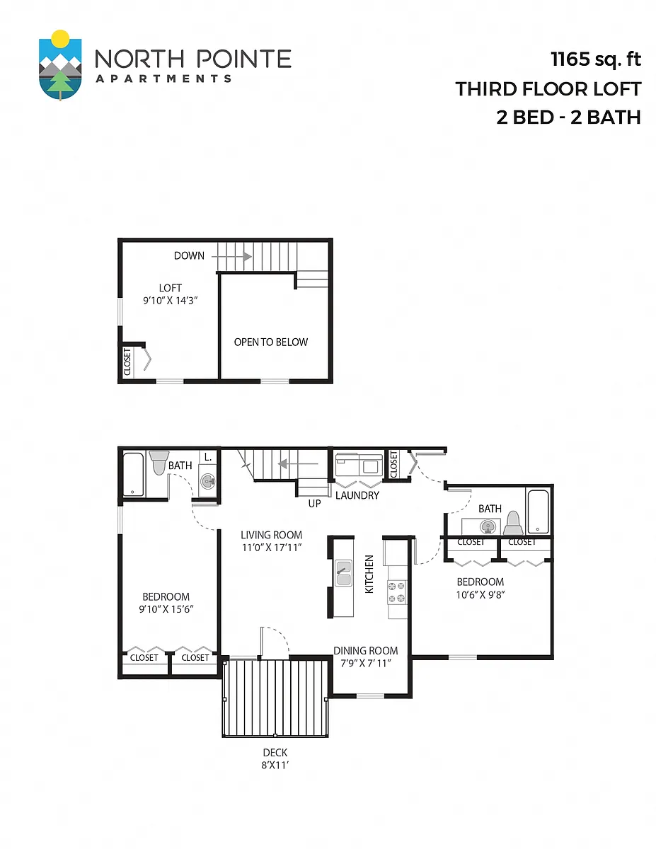Floor plan 2 Bed, 2 Bath - 1,165 sq ft