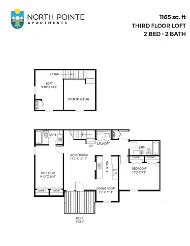 Floor plan 2 Bed, 2 Bath - 1,165 sq ft