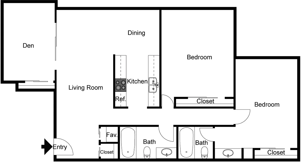 Floor plan 2 Bedroom 2 Bath Den