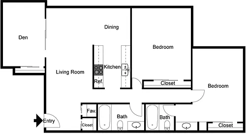Floor plan 2 Bedroom 2 Bath Den