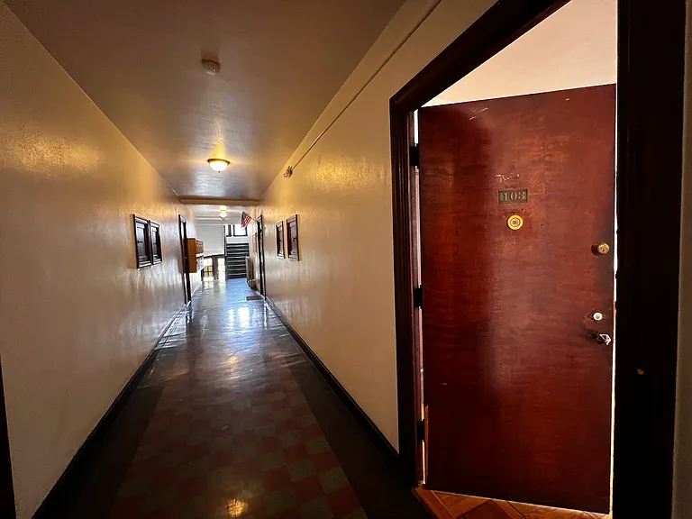 View of hallway and apartment door.