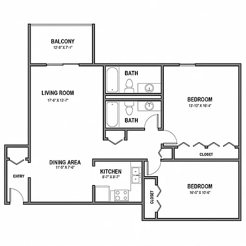 Floor plan Large 2 Bedroom, 2 Bath