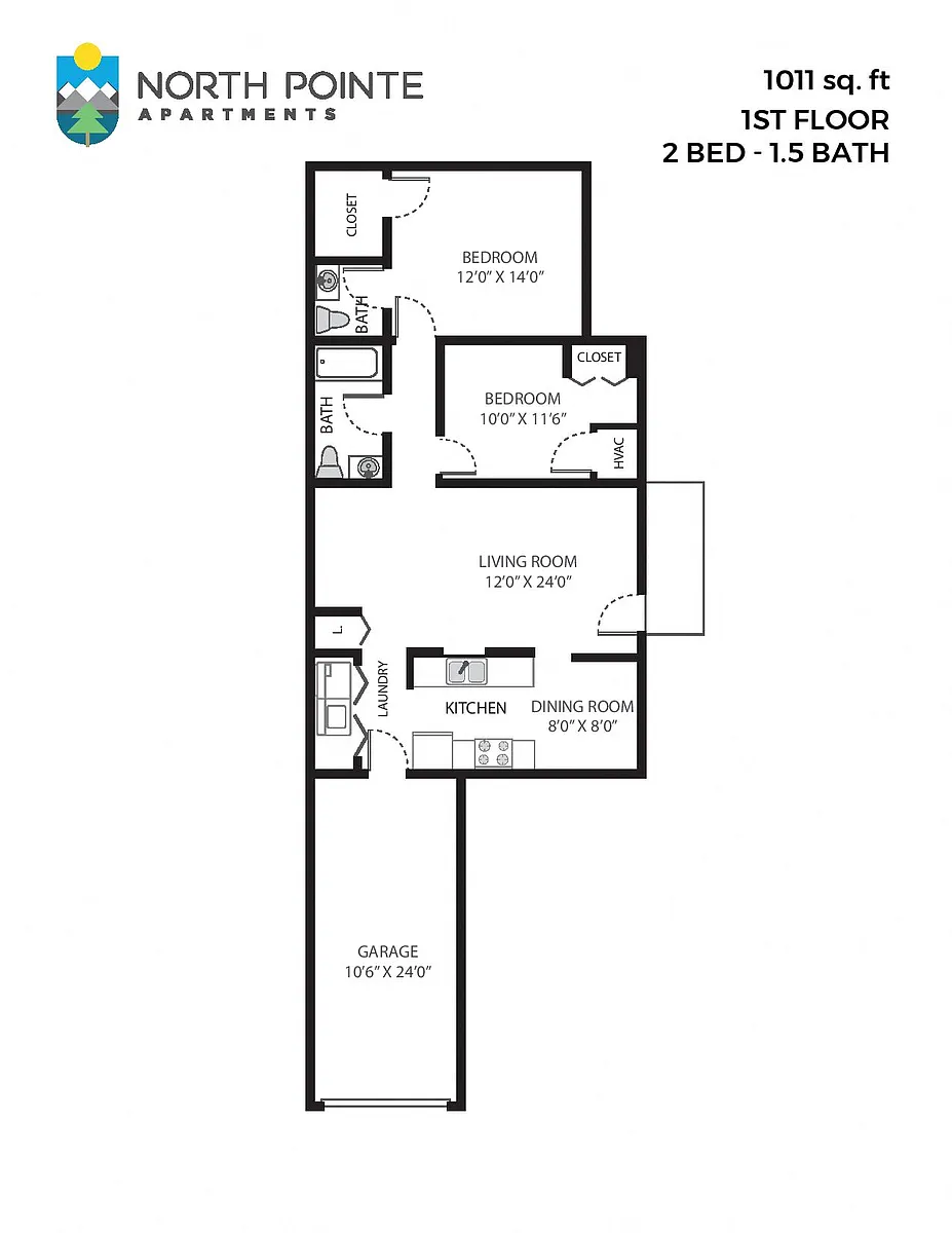 Floor plan 2 Bed, 1.5 Bath - 1,011 sq ft