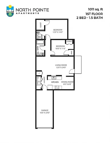 Floor plan 2 Bed, 1.5 Bath - 1,011 sq ft