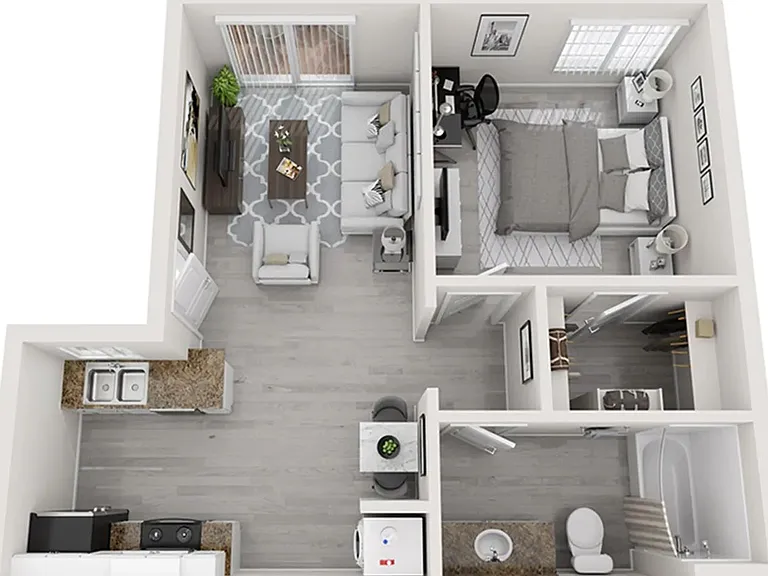 A 3D floor plan rendering of The Newport