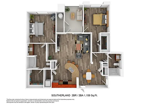 Floor plan Southerland - Two Bedroom/Two Bath 1,159 Sq Ft