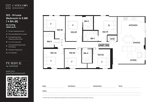 Floor plan 102 - Private Bedroom in 6BR / 4BA (B)