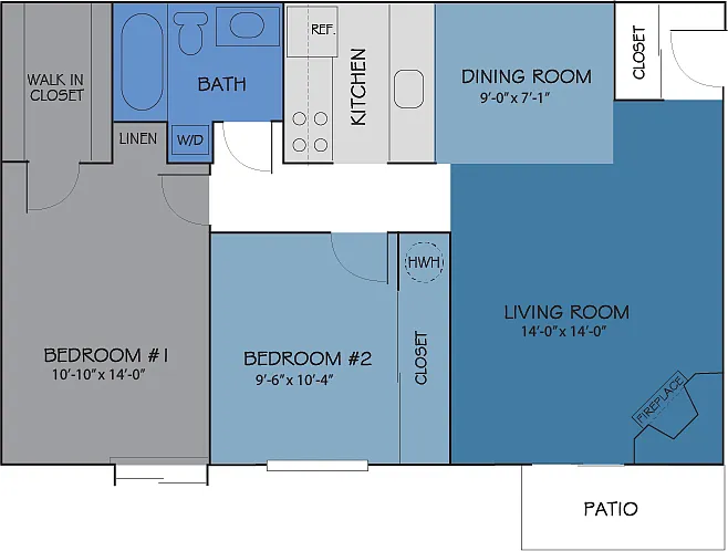 Floor plan 2 BD 1 BA BreakBar GW FP