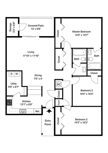 Floor plan 3 Bedroom 2 Bath