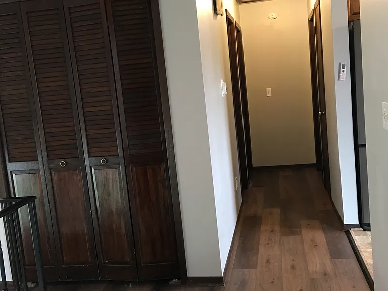 Hallway from dining room to bedrooms and bath. Coat closet and linen closet shown here.