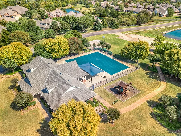 Aerial view of Clubhouse with Exercise room and Neighborhood pool.