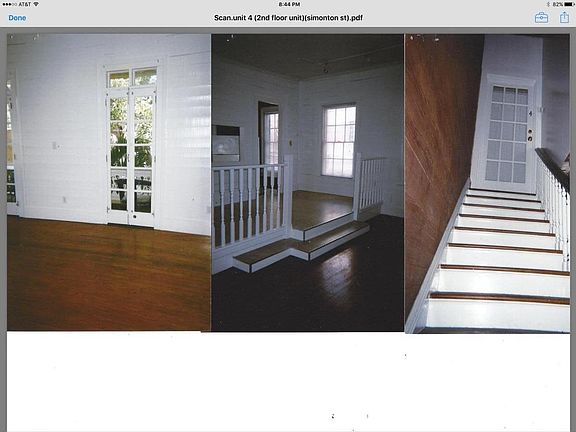 Picture on left is large living room opening to private balcony. Middle picture depicts large dining area just outside of kitchen. Stairs on right open into the apartment.