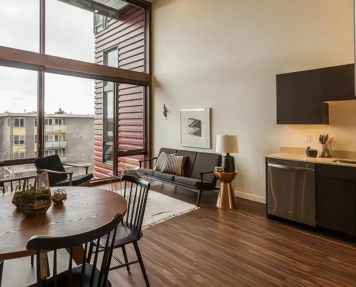 Large Wood Framed Windows with Pre Installed Specialty Shades - Ballard Lofts