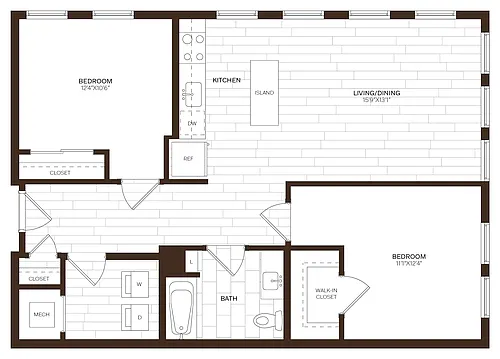 Floor plan 2 Bed/1 Bath-B10 ANSI