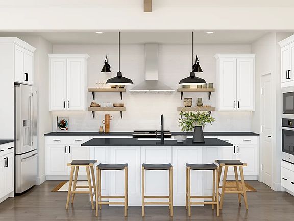 Kitchen with floating shelves and pendant lighting
