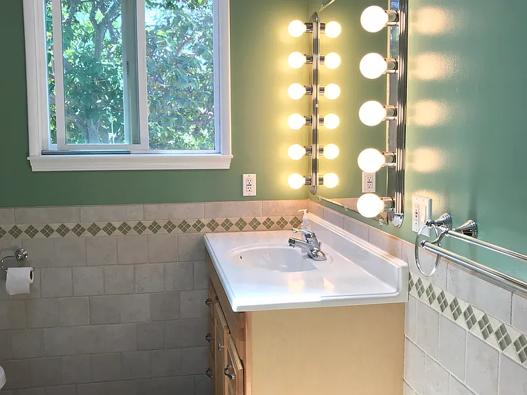 Master bath has custom tile, vaulted ceiling with skylight, and backyard view.