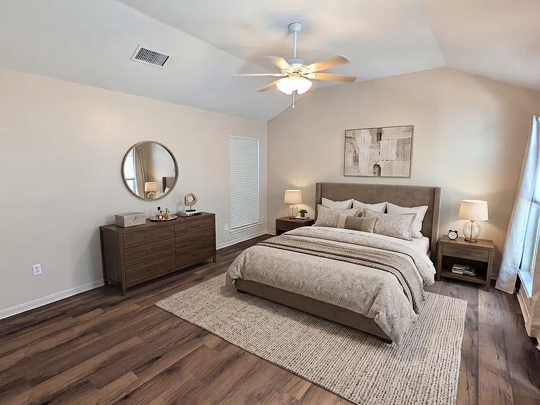 An AI imagination of this spacious main bedroom with attached bath suite.
