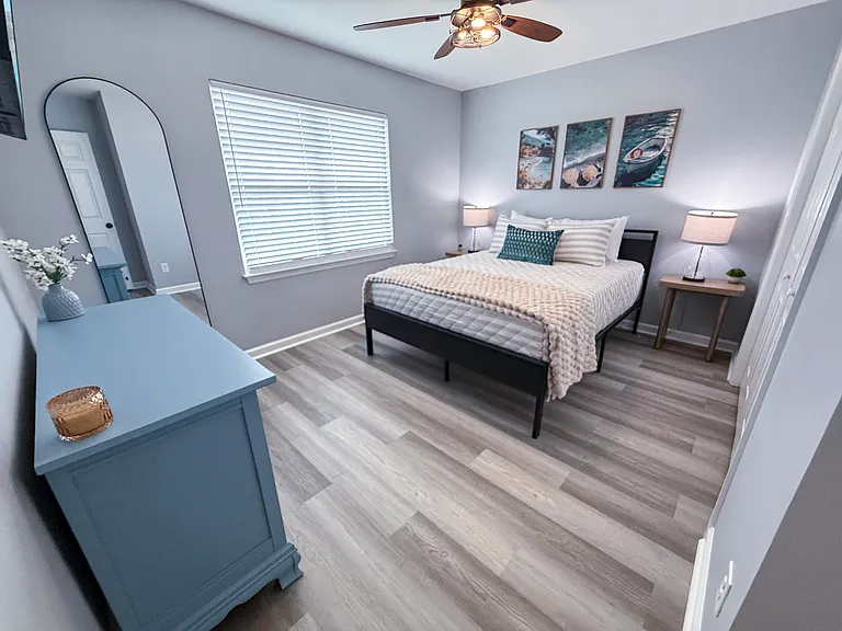 Queen Guest Bedroom, Upstairs, 12' 9"x 9' 9", Coastal Vibe Decor with full length mirror, dresser and closet for clothing storage