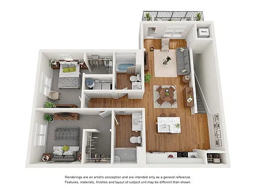 Floor plan 2 Bedroom 2 Bath - Upper - South