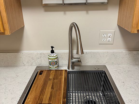 new stainless steel Kohler sink with built in ledge for accessories - cutting board and drying grate. New garbage disposal and under-sink water filter system as well.