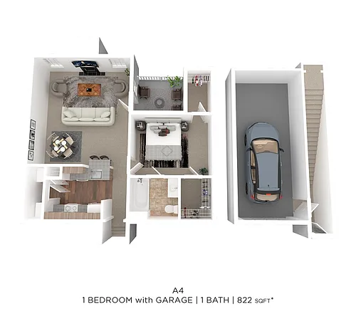 Floor plan One Bed One Bath w/Garage 822 SqFt