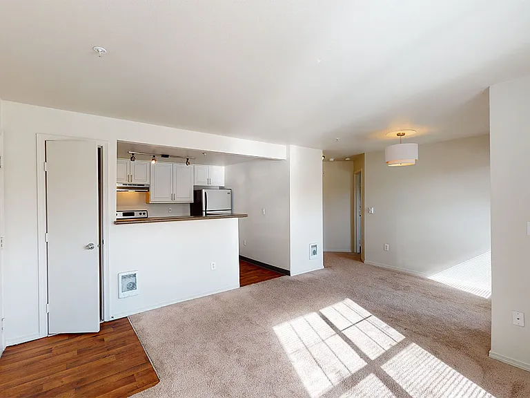 Apartment kitchen with stainless steel appliances in select homes, dining and living room with plush carpet flooring.